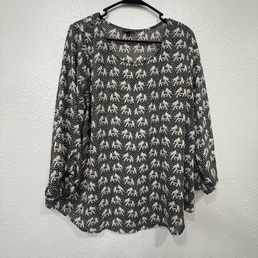 MIX by Concept byzantium Elephant Print Blouse Top Womens XL Green Long Sleeve